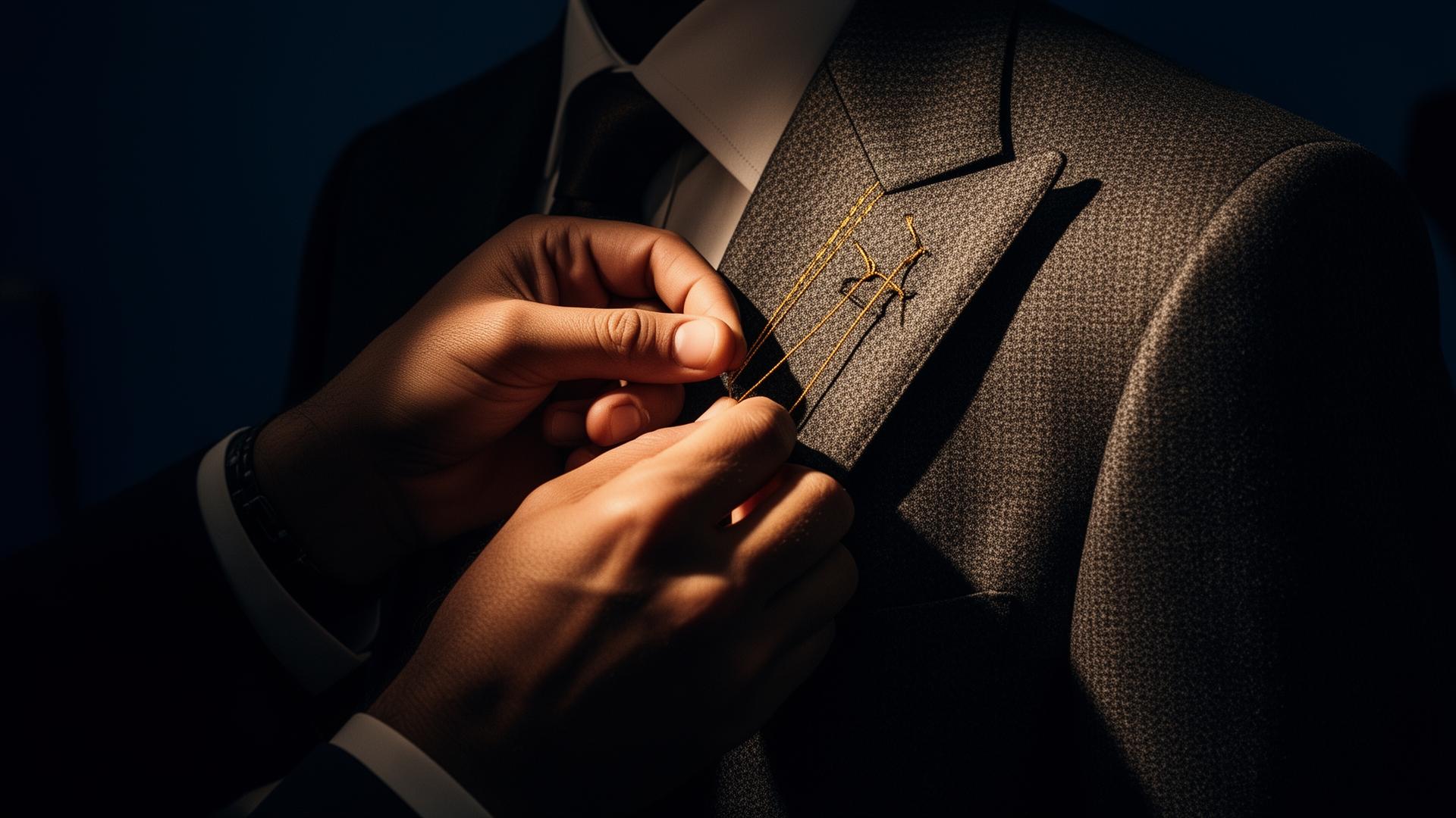 Master tailor stitching the lapel of a bespoke charcoal suit